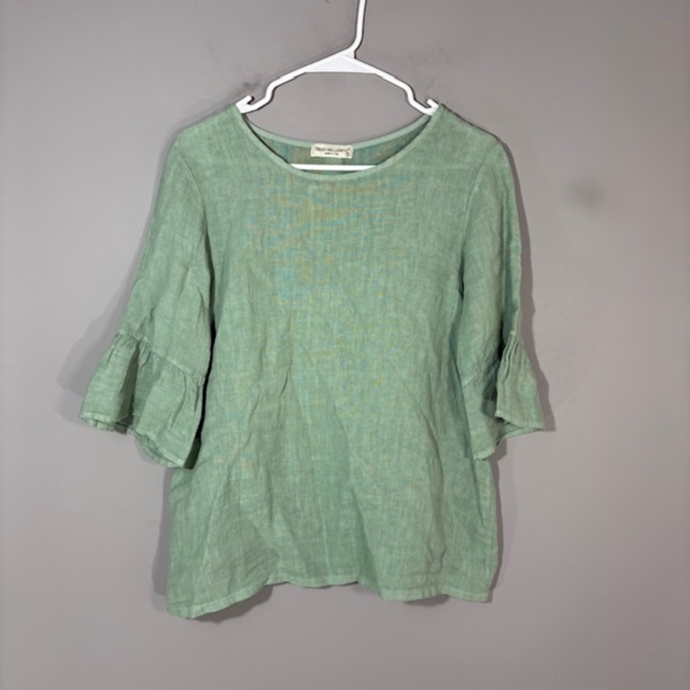 Terzo Millennio Blouse Womens Small Green Linen Bell 3/4 Sleeve Button Back Top